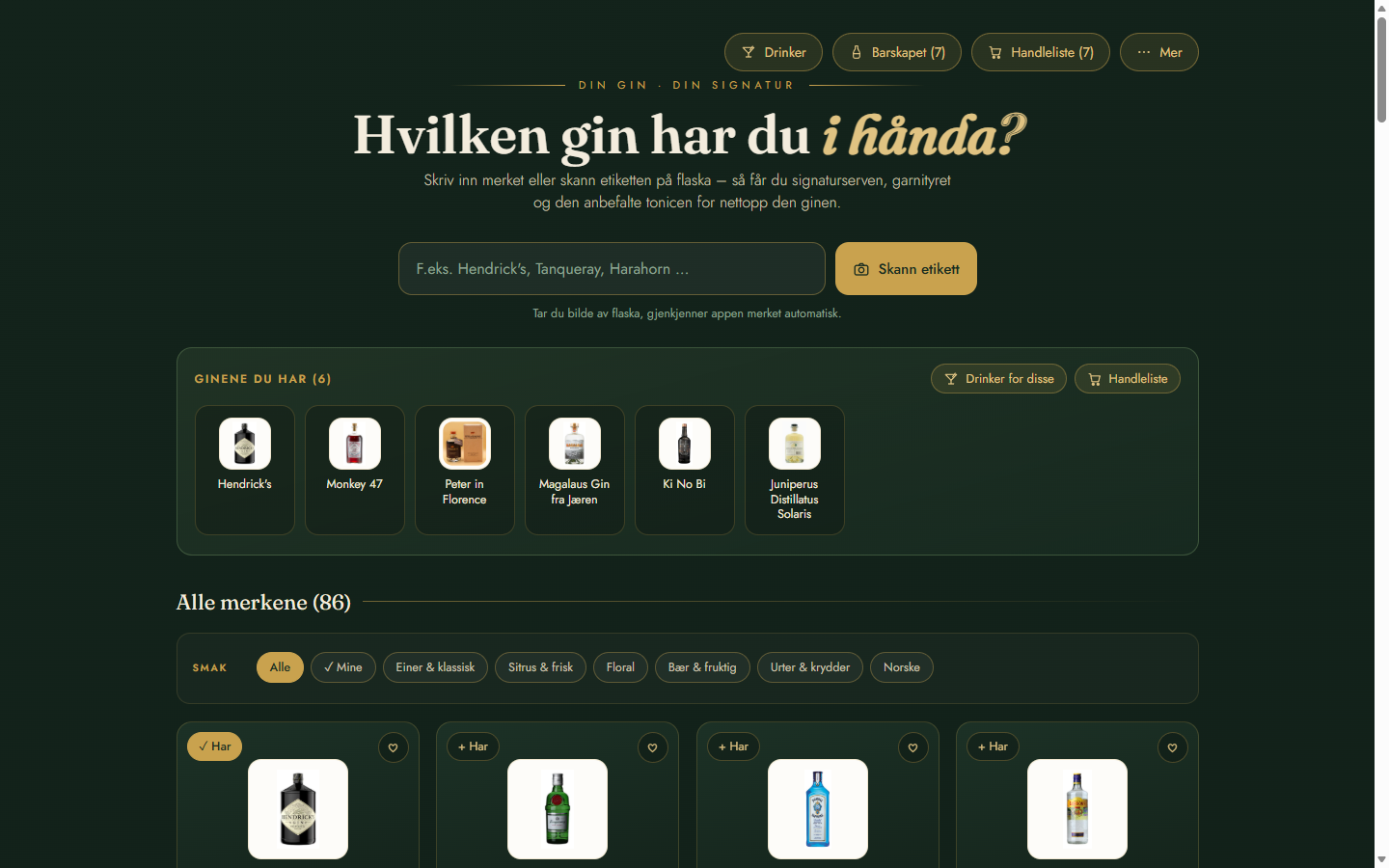 The gin guide's front page: a large heading asking which gin you are holding, a search field, a scan button and the gins already in the bar.